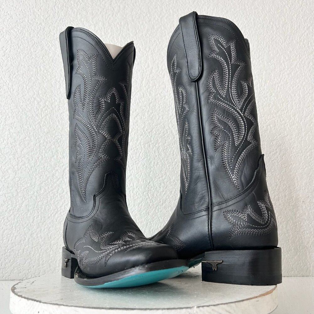 Lane Saratoga Womens Square Toe Cowboy Boots Sz 7 Black Leather Western Mid Calf - Picture 11 of 11